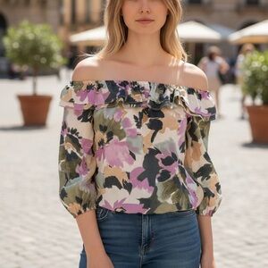 Mercantile by J.Crew Off-Shoulder Floral Blouse | Ruffle Neckline | Medium